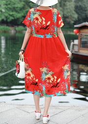 Organic red prints cotton tunic dress o neck cotton summer Dresses - SooLinen