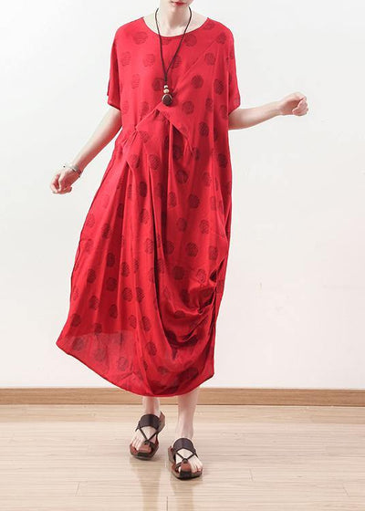 Organic red prints linen clothes Plus Size Neckline draping Maxi summer Dresses - SooLinen