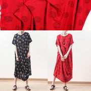 Organic red prints linen clothes Plus Size Neckline draping Maxi summer Dresses - SooLinen