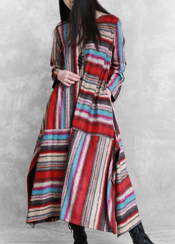 Organic red striped linen cotton clothes For Women side open Plus Size Clothing patchwork Dress - SooLinen