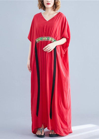 Organic red v neck cotton clothes two ways to wear Maxi summer Dress - SooLinen