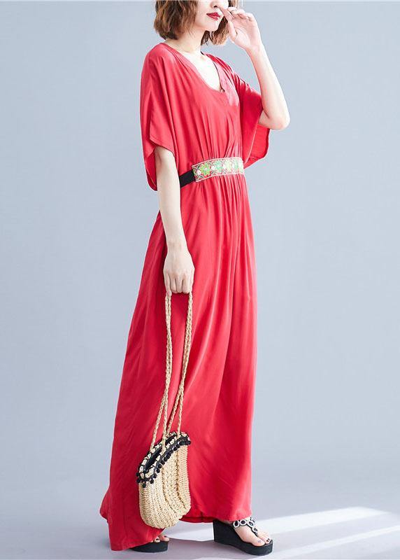 Organic red v neck cotton clothes two ways to wear Maxi summer Dress - SooLinen
