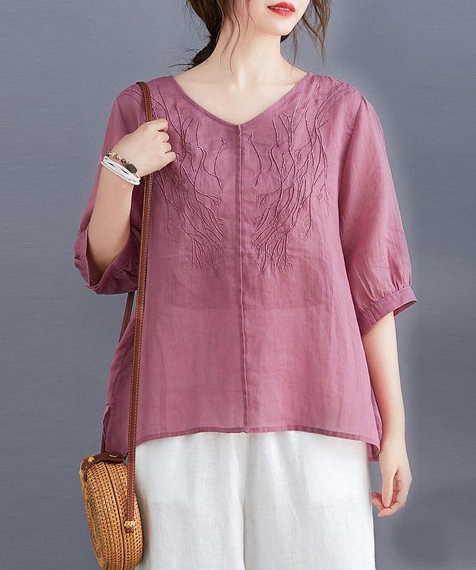 Organic rose clothes For Women v neck embroidery daily blouses - SooLinen