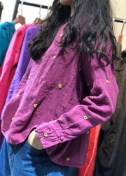 Organic ruffles long sleeve linen tunics for women Wardrobes rose stand collar tops autumn - SooLinen