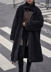 Organic stand collar drawstring Plus Size tunic coat black Dresses outwear - SooLinen