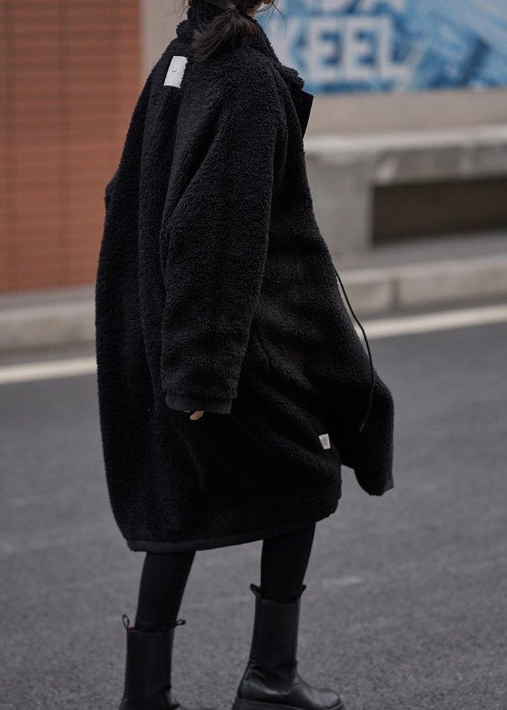 Organic stand collar drawstring Plus Size tunic coat black Dresses outwear - SooLinen