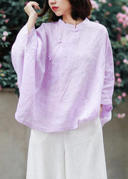 Organic stand collar linen Blouse Photography light purple striped blouse - SooLinen