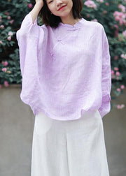 Organic stand collar linen Blouse Photography light purple striped blouse - SooLinen