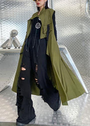 Organic stand collar tie waist Fine clothes For Women army green Knee coats - SooLinen