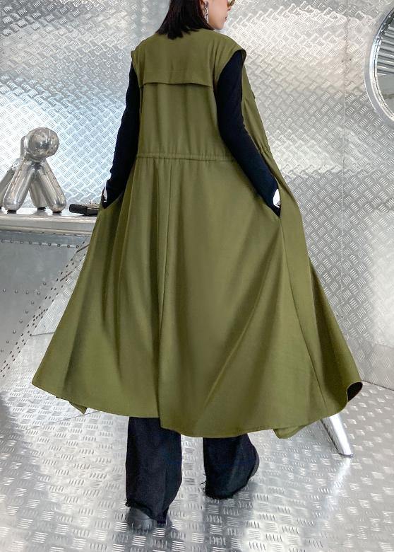 Organic stand collar tie waist Fine clothes For Women army green Knee coats - SooLinen