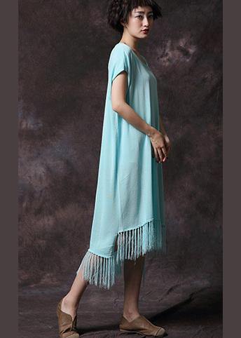 Organic tassel cotton clothes Work light blue Plus Size Dress summer - SooLinen