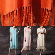Organic tassel cotton clothes Work light blue Plus Size Dress summer - SooLinen