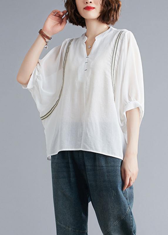 Organic v neck Batwing Sleeve summer pattern Sewing white blouse - SooLinen