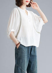 Organic v neck Batwing Sleeve summer pattern Sewing white blouse - SooLinen