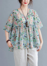 Organic v neck Ruffles summer tops Fashion Ideas floral blouse - SooLinen