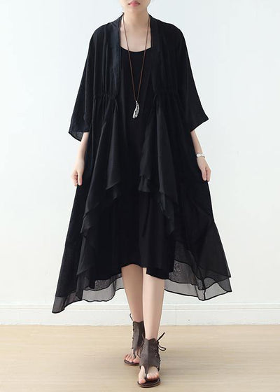 Organic v neck asymmetric cotton Tunics Sewing black A Line Dress - SooLinen
