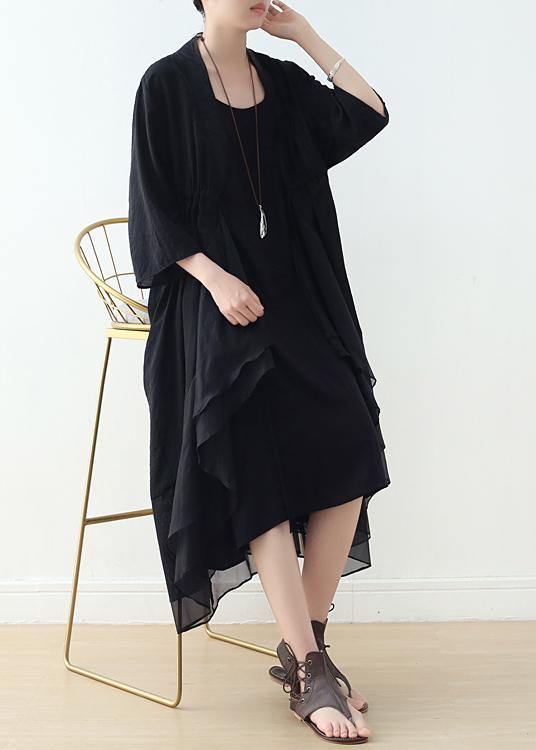 Organic v neck asymmetric cotton Tunics Sewing black A Line Dress - SooLinen