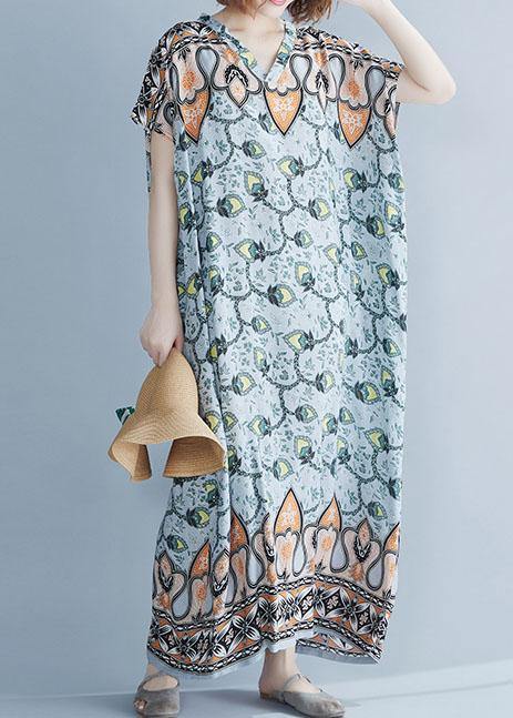 Organic v neck cotton summer dresses Work Outfits floral Dresses - SooLinen