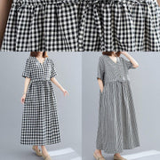 Organic v neck drawstring cotton clothes For Women Tutorials black Large plaid Dress - SooLinen