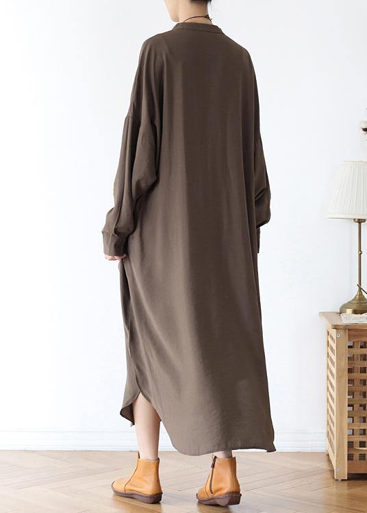 Organic v neck elastic waist cotton Long Shirts Neckline chocolate long Dress - SooLinen