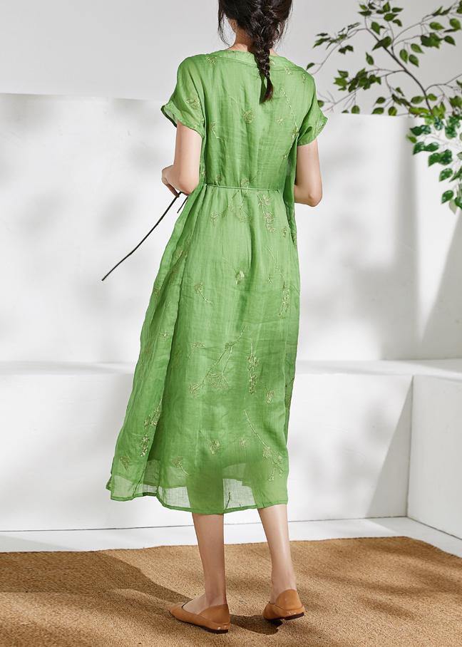 Organic v neck embroidery linen summer Robes Work green Dresses - SooLinen