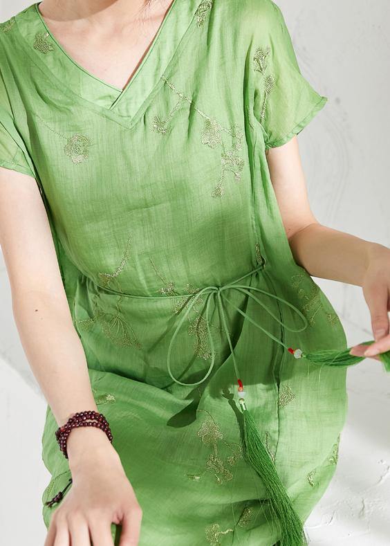 Organic v neck embroidery linen summer Robes Work green Dresses - SooLinen