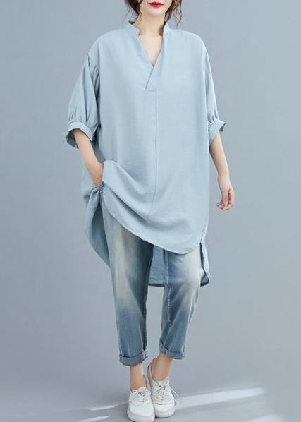 Organic v neck lantern sleeve summer blouses for women Sleeve light blue shirt - SooLinen