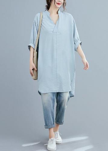 Organic v neck lantern sleeve summer blouses for women Sleeve light blue shirt - SooLinen