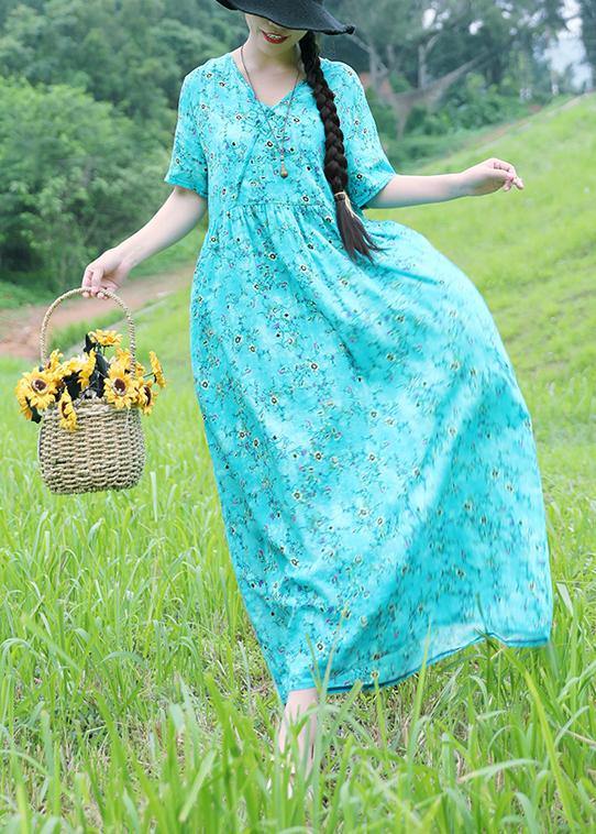 Organic v neck linen dress Sleeve light blue prints Dress summer - SooLinen