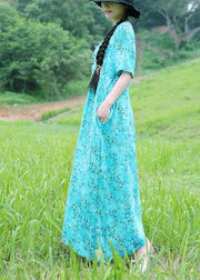 Organic v neck linen dress Sleeve light blue prints Dress summer - SooLinen