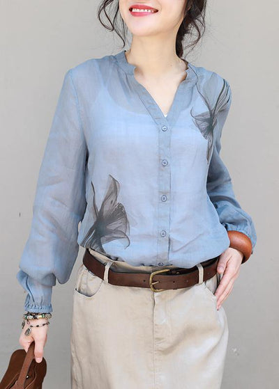 Organic v neck linen tops women blouses Sleeve blue print top - SooLinen