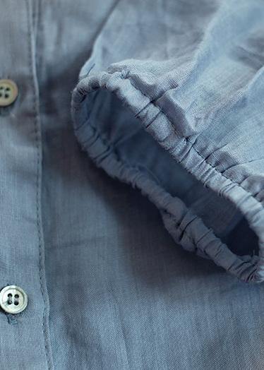 Organic v neck linen tops women blouses Sleeve blue print top - SooLinen