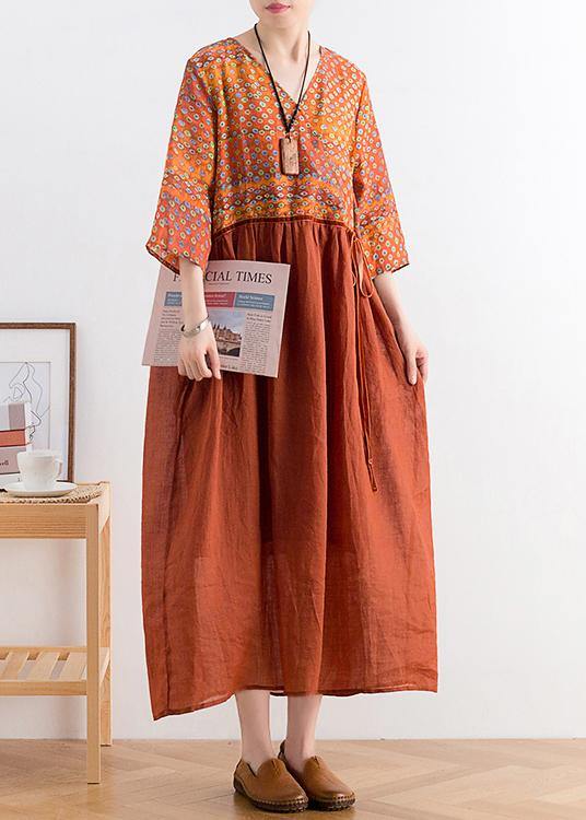 Organic v neck tie waist linen outfit Fabrics chocolate print Dresses - SooLinen