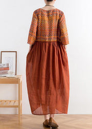 Organic v neck tie waist linen outfit Fabrics chocolate print Dresses - SooLinen