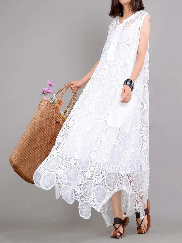 Organic white clothes For Women pockets asymmetric Kaftan summer Dresses - SooLinen