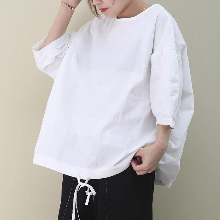 Organic white cotton clothes For Women o neck drawstring cotton summer shirts - SooLinen