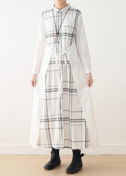 Organic white plaid cotton Long Shirts drawstring Art summer Dresses - SooLinen