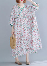 Organic white print cotton dress v neck exra large hem A Line summer Dress - SooLinen