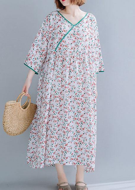 Organic white print cotton dress v neck exra large hem A Line summer Dress - SooLinen