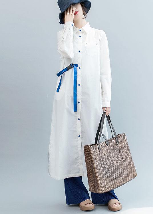 Organic white tie waist cotton Tunics side open Dresses fall shirt Dress - SooLinen