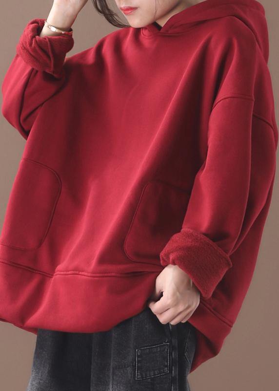 Organic winter cotton hooded Long Shirts Fashion Ideas red top - SooLinen