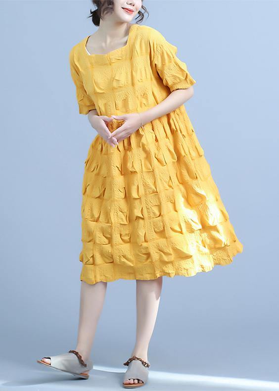 Organic yellow Women Casual Pleated cotton clothes Loose Short Sleeve Summer Dress - SooLinen