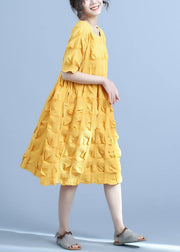 Organic yellow Women Casual Pleated cotton clothes Loose Short Sleeve Summer Dress - SooLinen