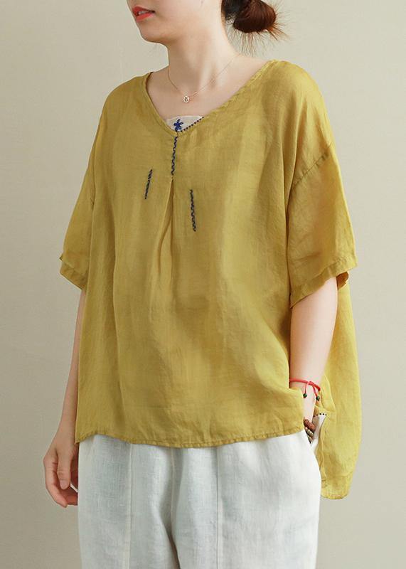 Organic yellow embroidery linen tops women v neck tops - SooLinen