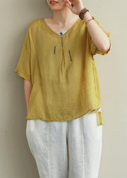 Organic yellow embroidery linen tops women v neck tops - SooLinen