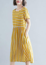 Organic yellow striped Cotton clothes o neck pockets tunic Dress - SooLinen