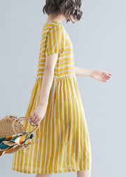 Organic yellow striped Cotton clothes o neck pockets tunic Dress - SooLinen