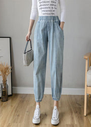 Organic Spring Casual Pants Slim Denim Blue Fashion Ideas Elastic Waist Pants - SooLinen