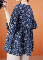 Organic dark blue prints cotton linen Long Shirts pattern v neck summer shirt