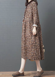 Organic lapel pockets cotton clothes Women Chocolate print Art Dresses spring